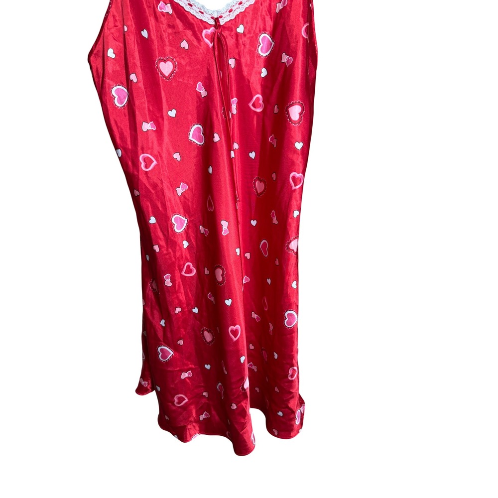 Fashion Bug Red Satin Heart Print Lace Trim Chemise Nightgown Medium - Picture 3 of 6